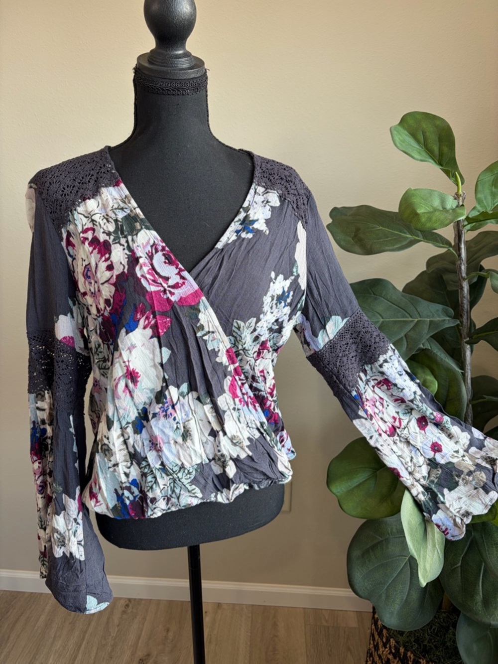 Love Stitch Charcoal Floral Wrap Blouse with Pink and White Flowers